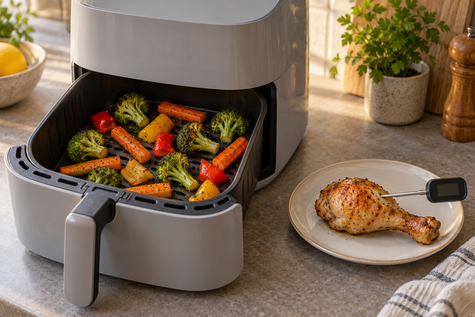 Légumes rôtis étalés dans un airfryer et thermomètre de cuisson piqué dans un pilon de poulet