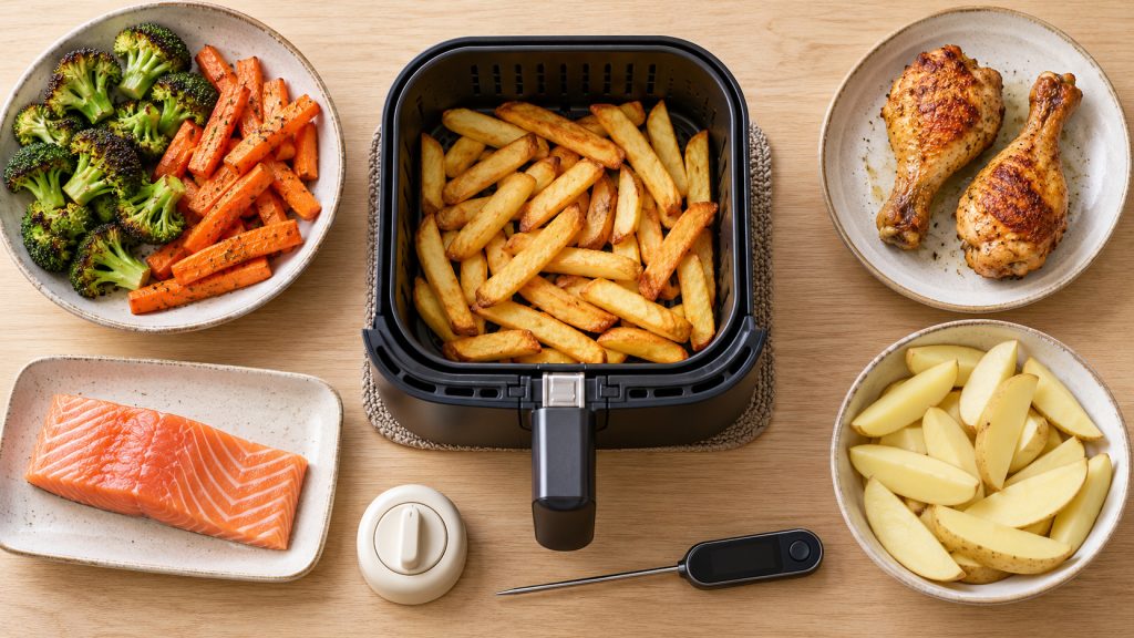 Temps de cuisson airfryer : frites dans le panier, légumes, poulet, saumon et pommes de terre autour